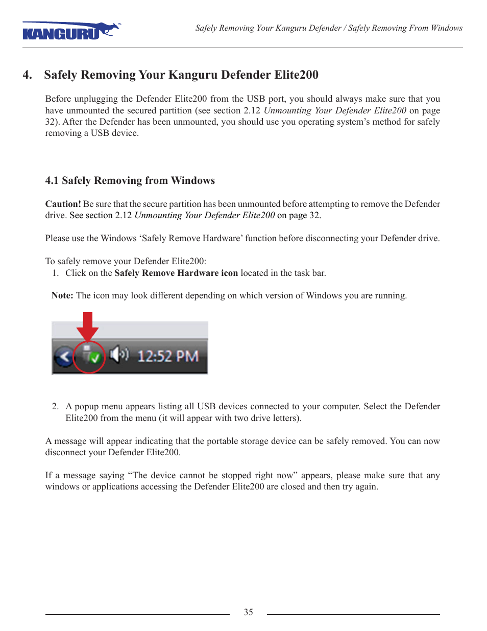 Safely removing your kanguru defender elite200, 1 safely removing from windows | Kanguru Defender Elite200 User Manual | Page 35 / 40