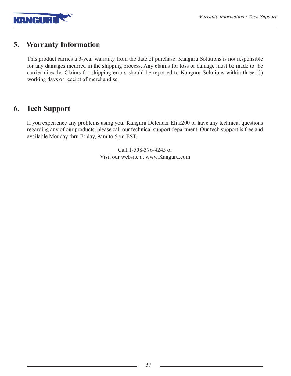 Warranty information, Tech support | Kanguru Defender Elite200 User Manual | Page 37 / 40