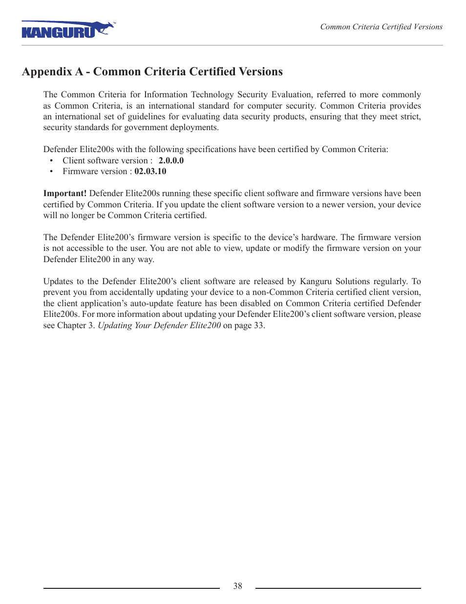 Appendix a - common criteria certified versions | Kanguru Defender Elite200 User Manual | Page 38 / 40