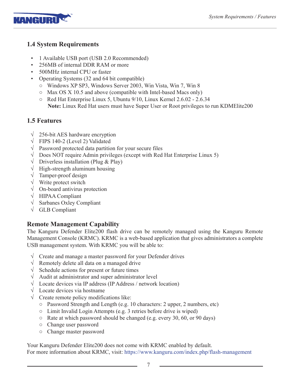 4 system requirements, 5 features | Kanguru Defender Elite200 User Manual | Page 7 / 40