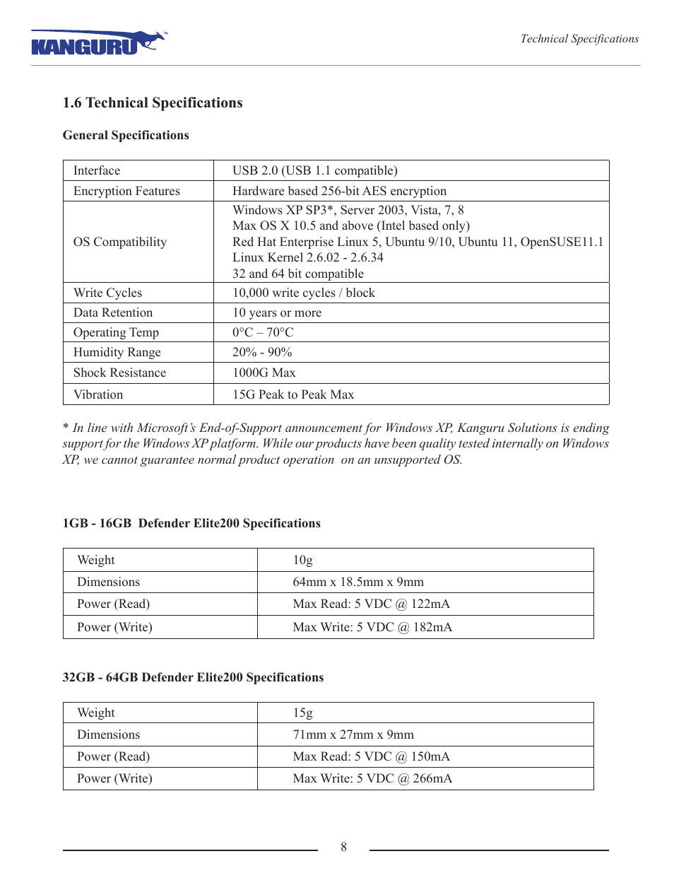 6 technical specifications | Kanguru Defender Elite200 User Manual | Page 8 / 40