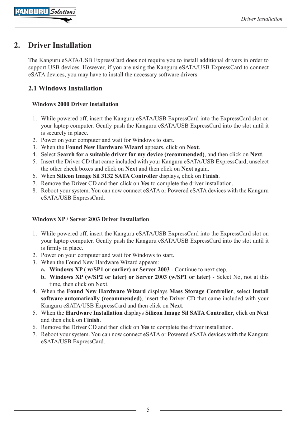 Driver installation, 1 windows installation | Kanguru ExpressCard User Manual | Page 5 / 9