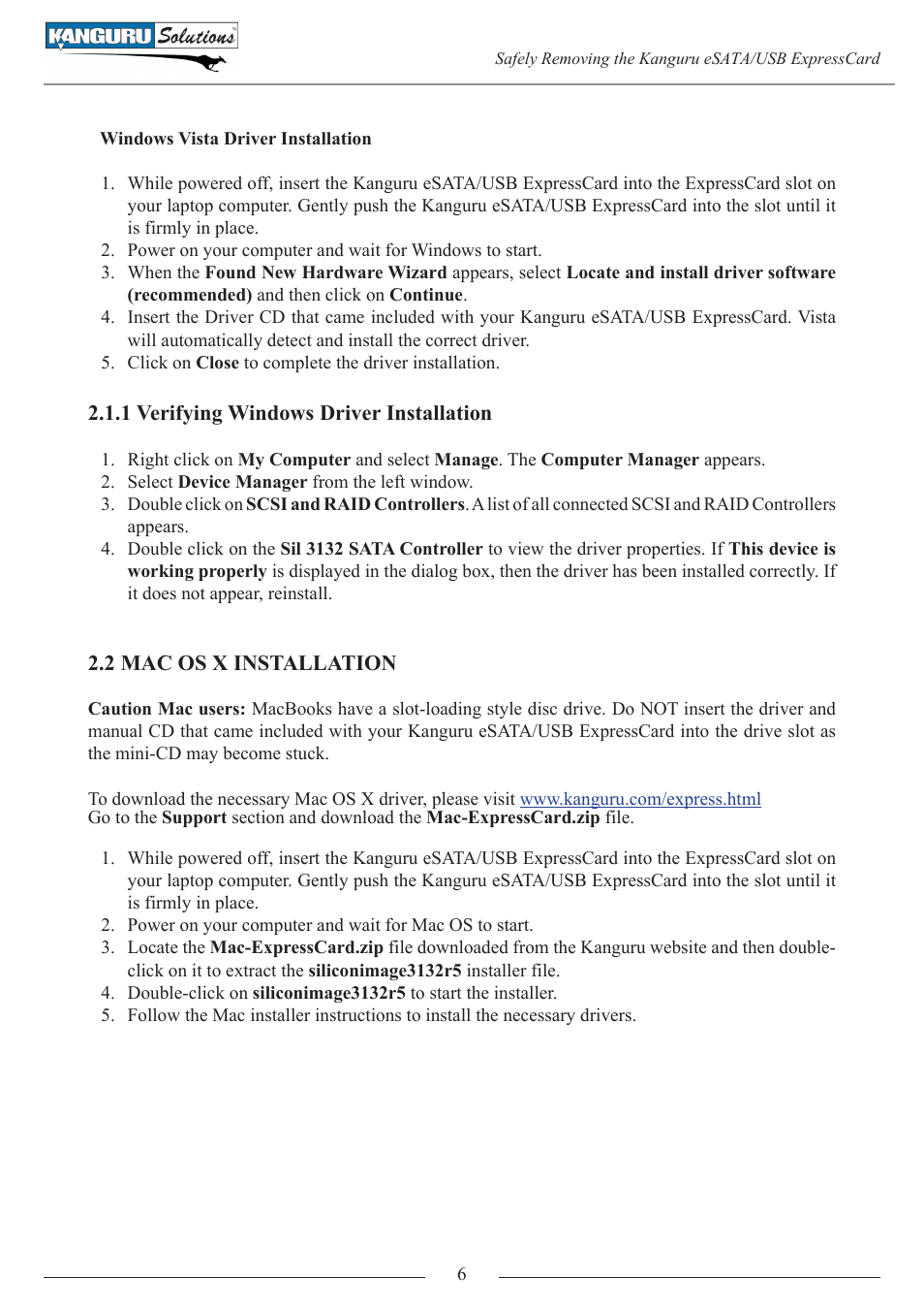 1 verifying windows driver installation, 2 mac os x installation | Kanguru ExpressCard User Manual | Page 6 / 9