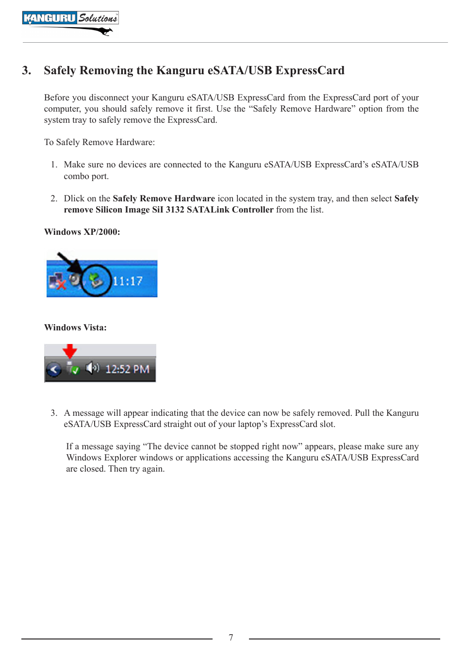 Safely removing the kanguru esata/usb expresscard | Kanguru ExpressCard User Manual | Page 7 / 9