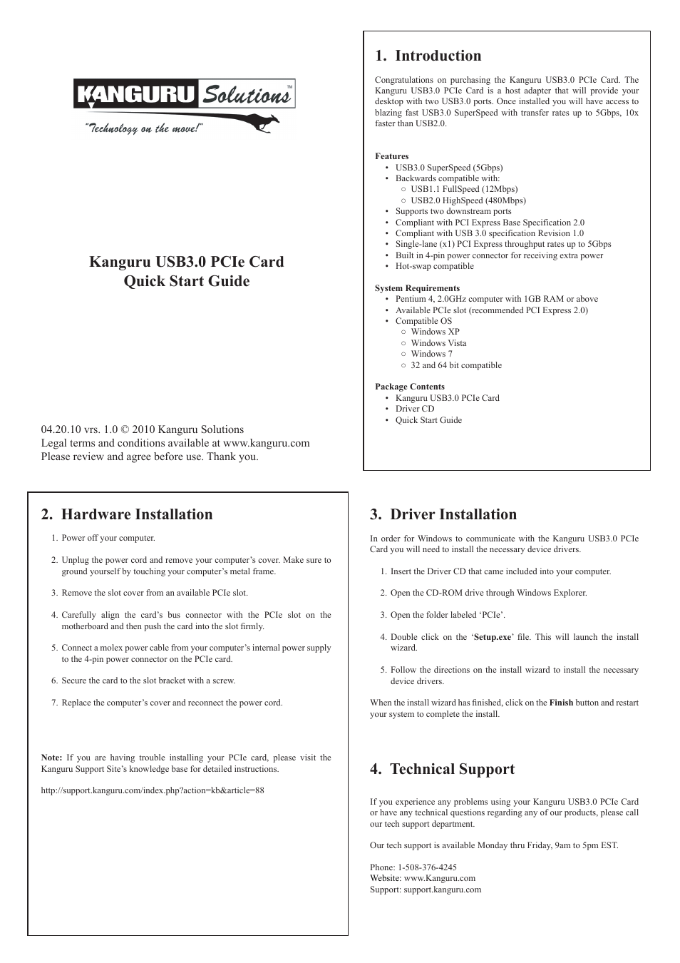 Kanguru USB3.0 PCIe Host Controller User Manual | 1 page