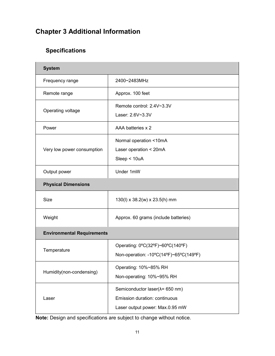 Chapter 3 additional information, Specifications | Kanguru Wireless presenters Mouse User Manual | Page 11 / 12