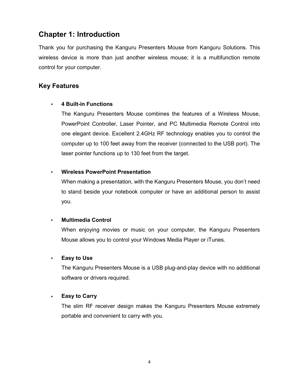 Chapter 1: introduction, Key features | Kanguru Wireless presenters Mouse User Manual | Page 4 / 12