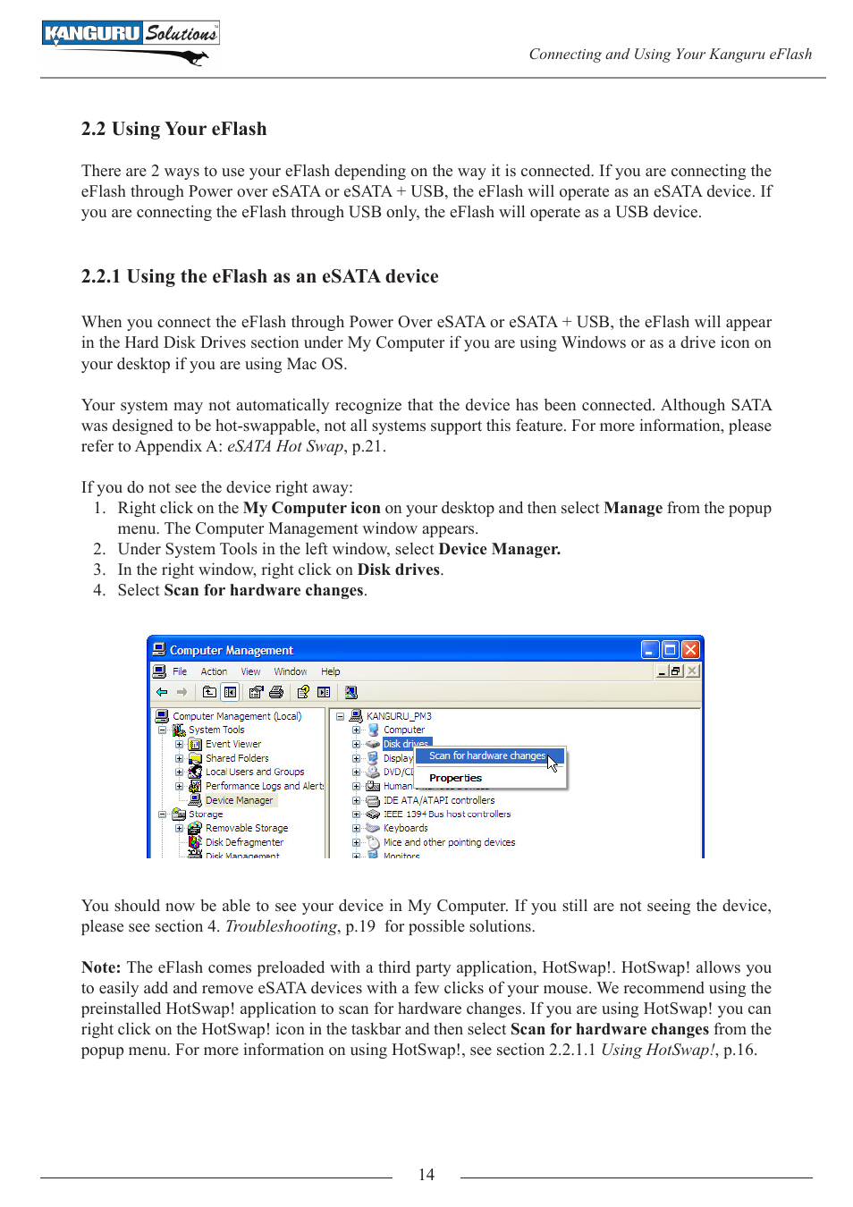 2 using your eflash, 1 using the eflash as an esata device | Kanguru e-Flash User Manual | Page 14 / 22