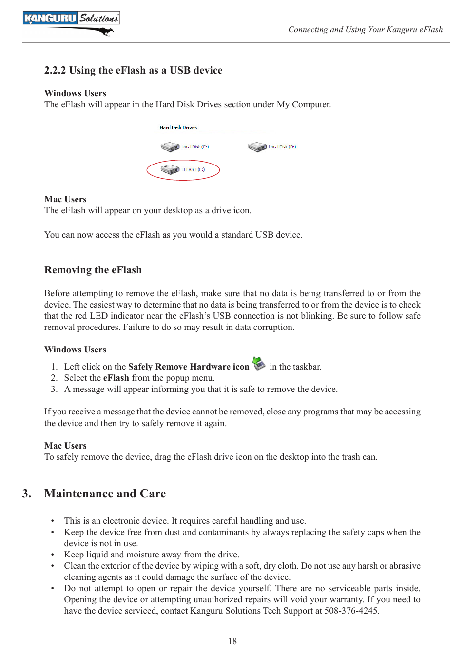 2 using the eflash as a usb device, Maintenance and care | Kanguru e-Flash User Manual | Page 18 / 22