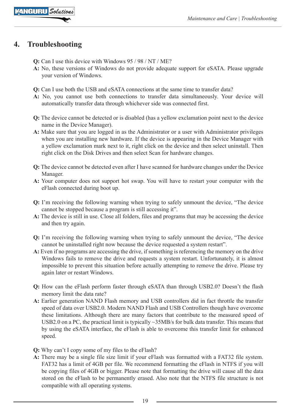 Troubleshooting | Kanguru e-Flash User Manual | Page 19 / 22
