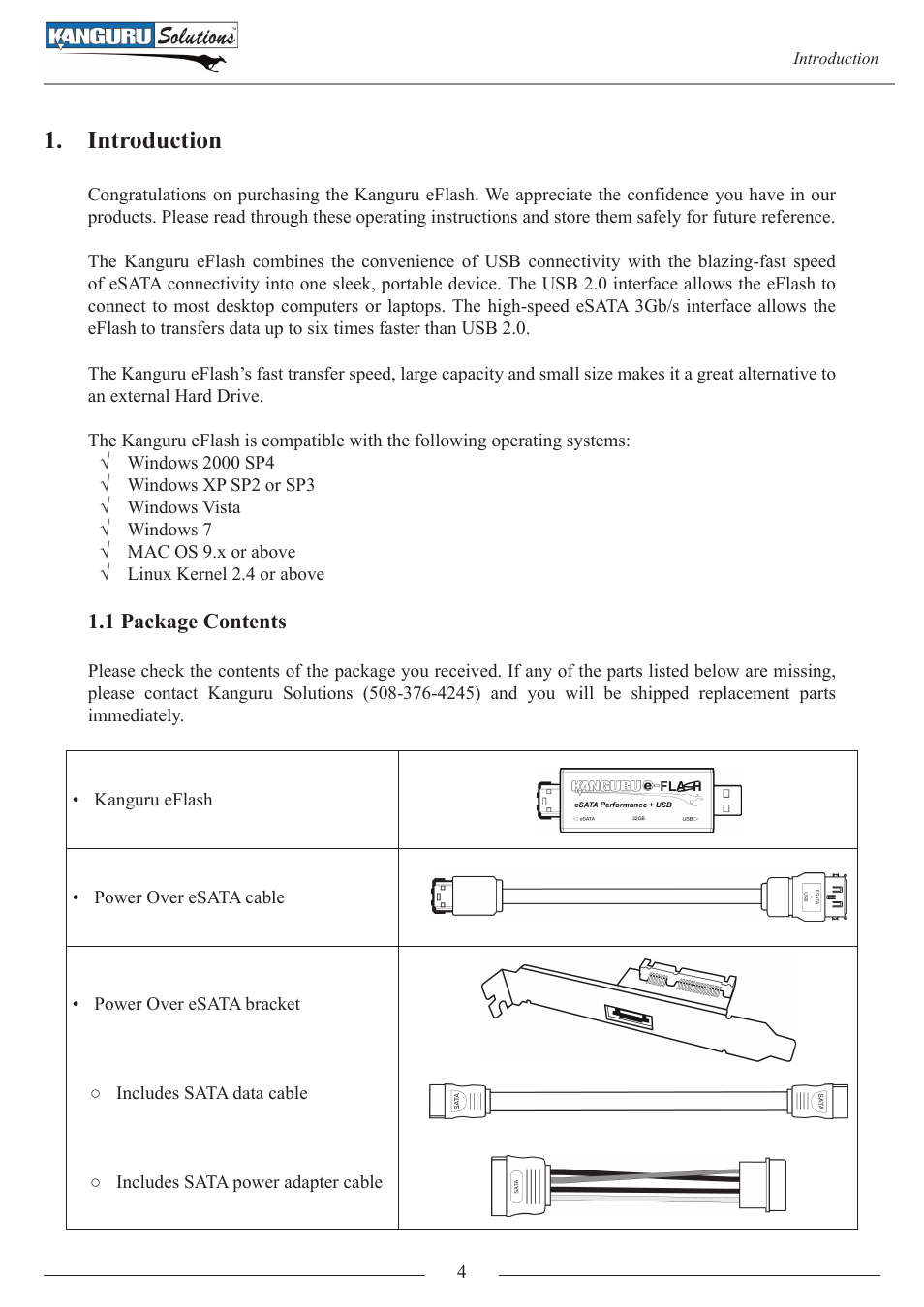 Introduction, 1 package contents | Kanguru e-Flash User Manual | Page 4 / 22