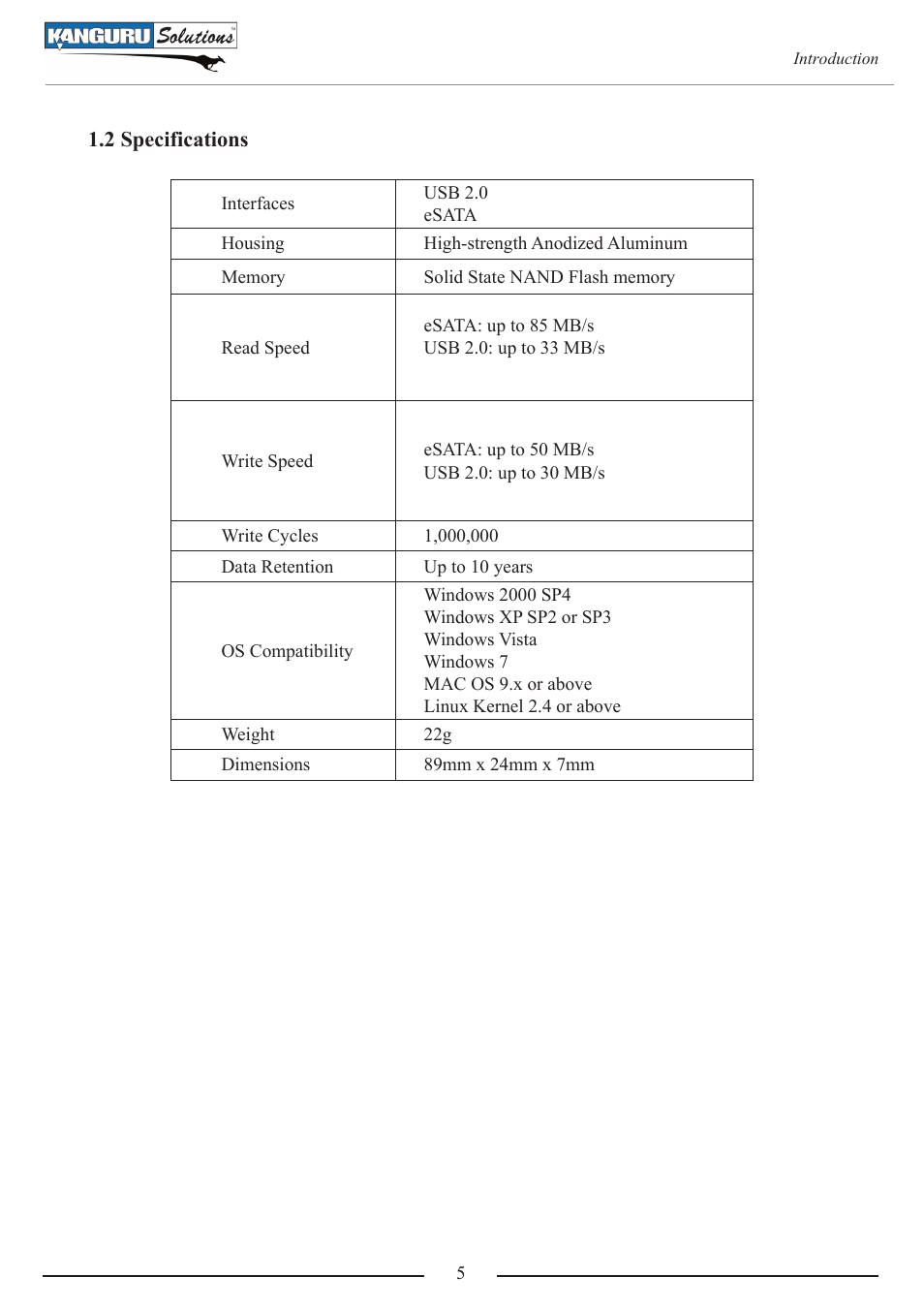 2 specifications | Kanguru e-Flash User Manual | Page 5 / 22