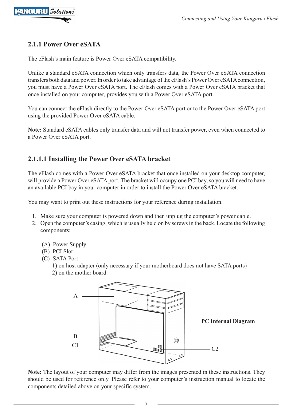 1 power over esata, 1 installing the power over esata bracket | Kanguru e-Flash User Manual | Page 7 / 22