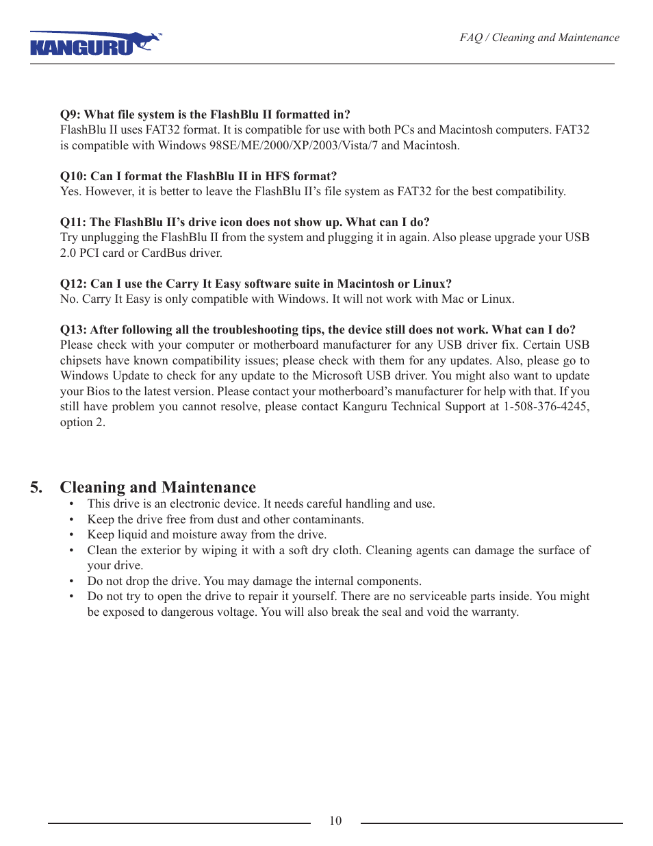 Cleaning and maintenance | Kanguru Flashblu2 User Manual | Page 10 / 12