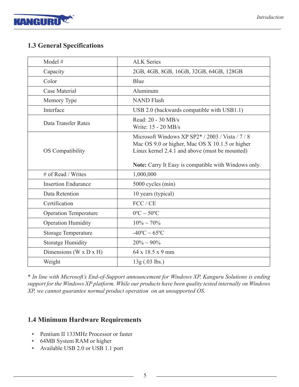 3 general specifications, 4 minimum hardware requirements | Kanguru Flashblu2 User Manual | Page 5 / 12