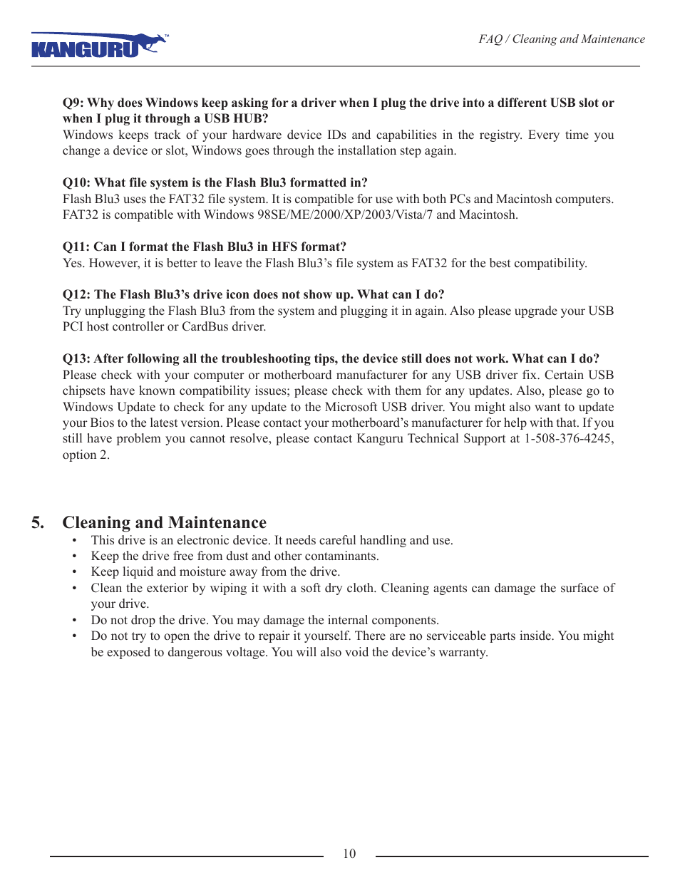 Cleaning and maintenance | Kanguru Flash Blu3 User Manual | Page 10 / 12