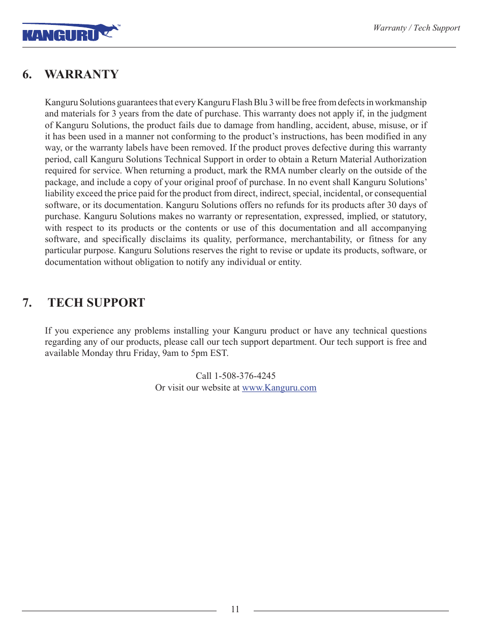 Warranty, Tech support | Kanguru Flash Blu3 User Manual | Page 11 / 12