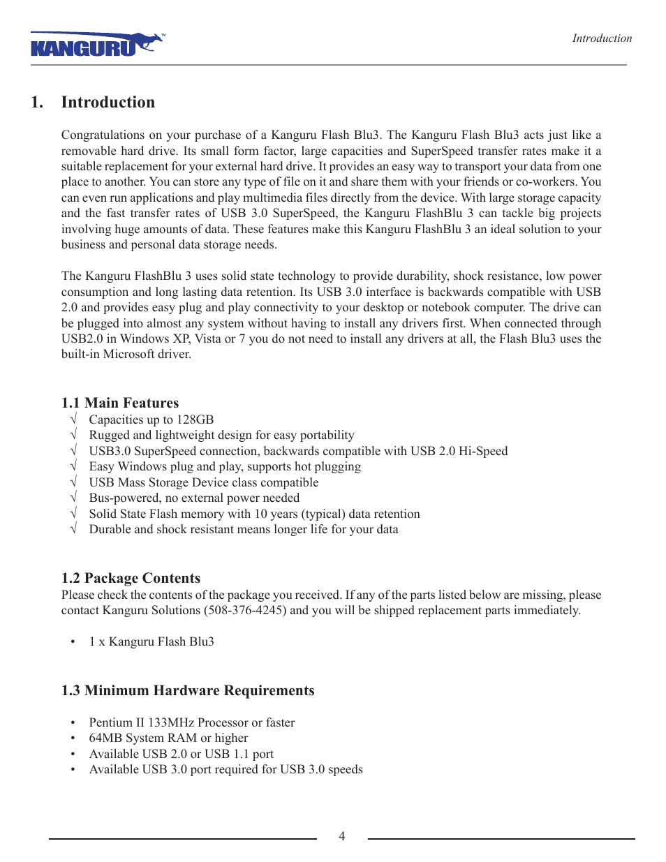 Introduction, 1 main features, 2 package contents | 3 minimum hardware requirements | Kanguru Flash Blu3 User Manual | Page 4 / 12