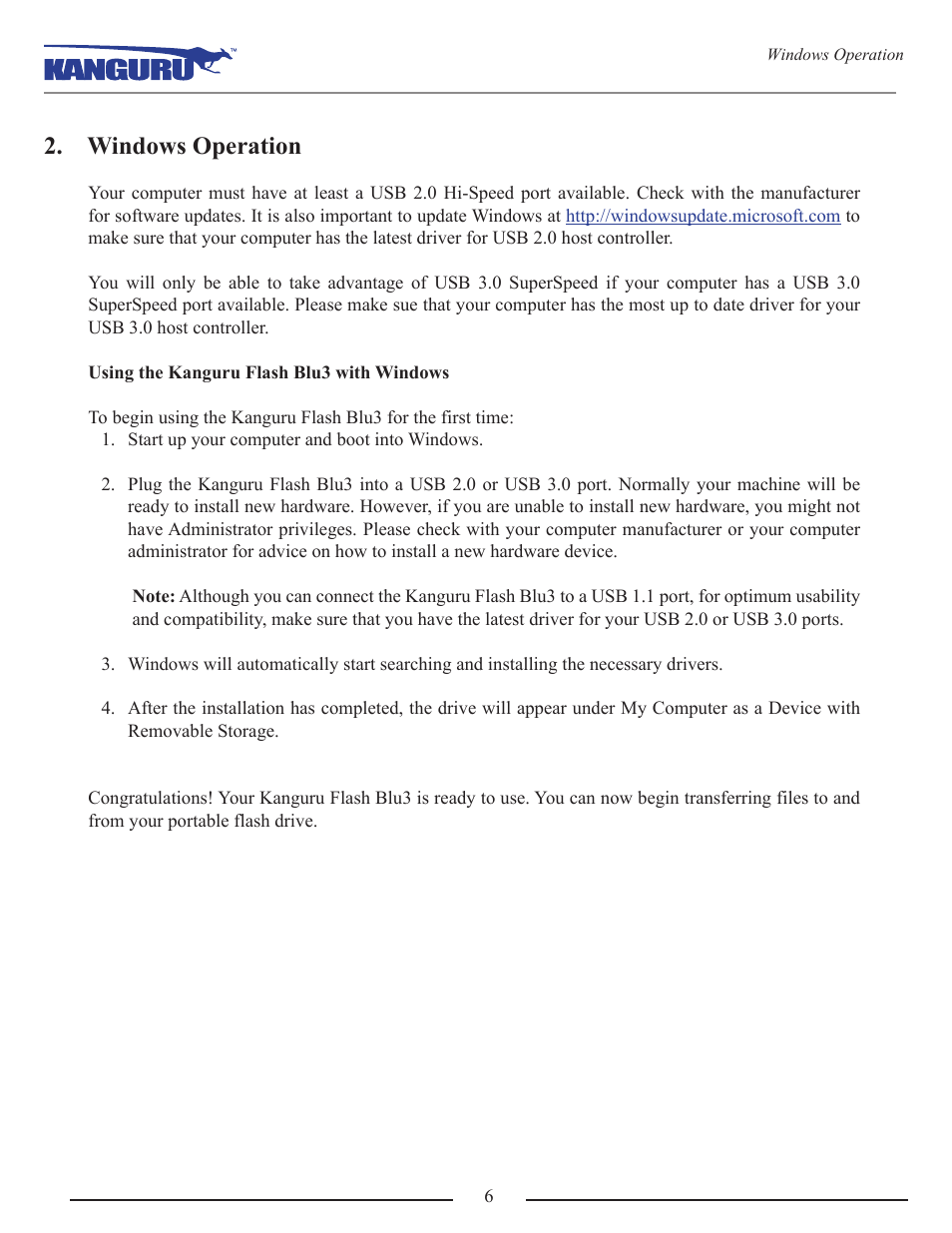 Windows operation | Kanguru Flash Blu3 User Manual | Page 6 / 12
