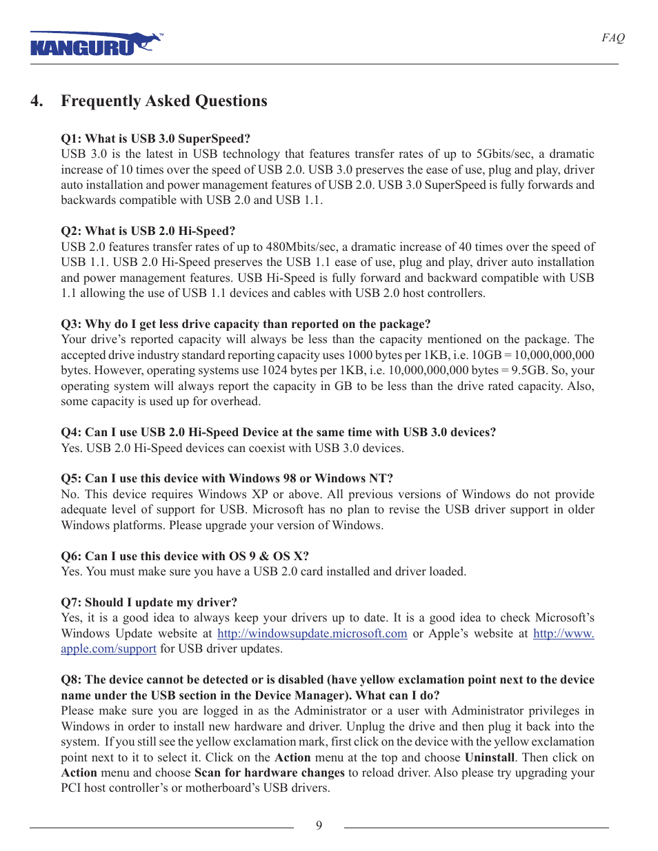 Frequently asked questions | Kanguru Flash Blu3 User Manual | Page 9 / 12