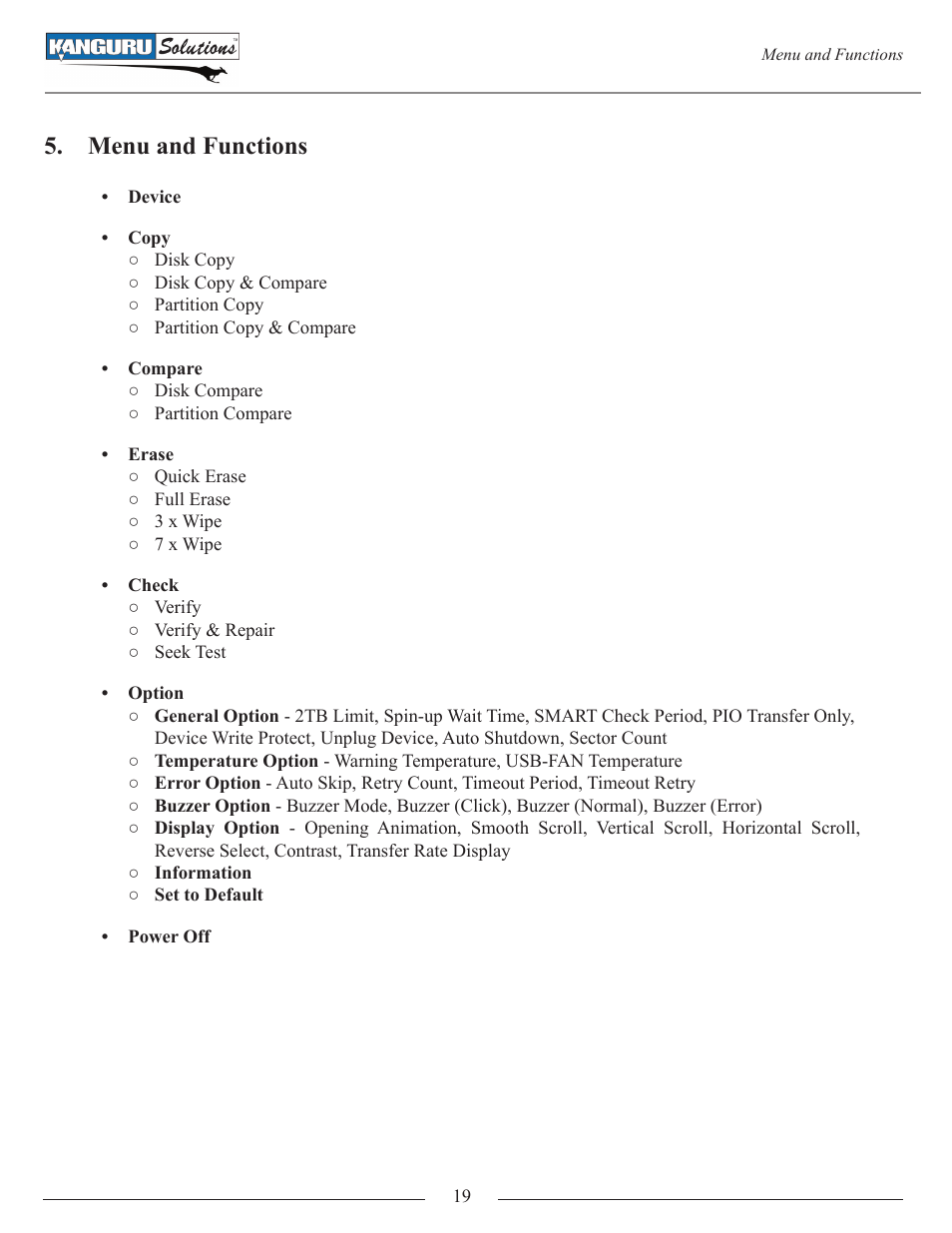 Menu and functions | Kanguru Mini Clone User Manual | Page 19 / 49