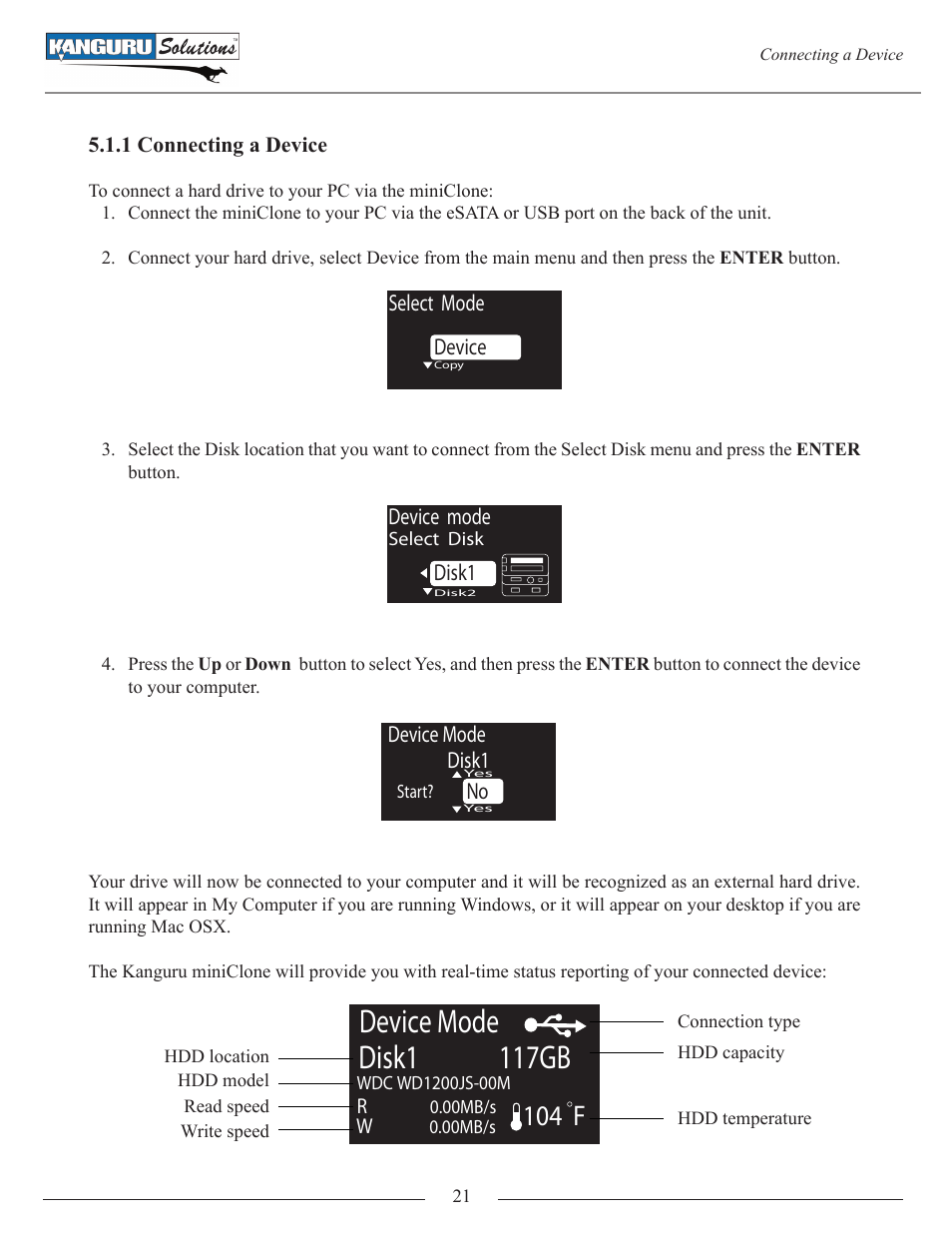 1 connecting a device, Device mode disk1 117gb, 104 f | Kanguru Mini Clone User Manual | Page 21 / 49