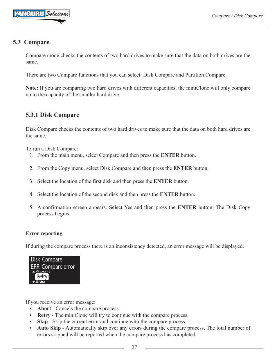 3 compare, 1 disk compare, Disk compare err: compare error retry | Kanguru Mini Clone User Manual | Page 27 / 49