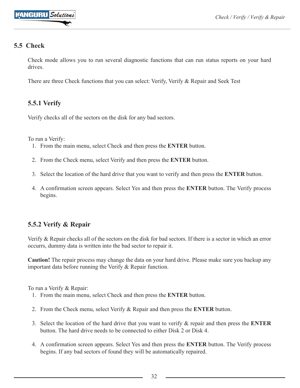 5 check, 1 verify, 2 verify & repair | Kanguru Mini Clone User Manual | Page 32 / 49