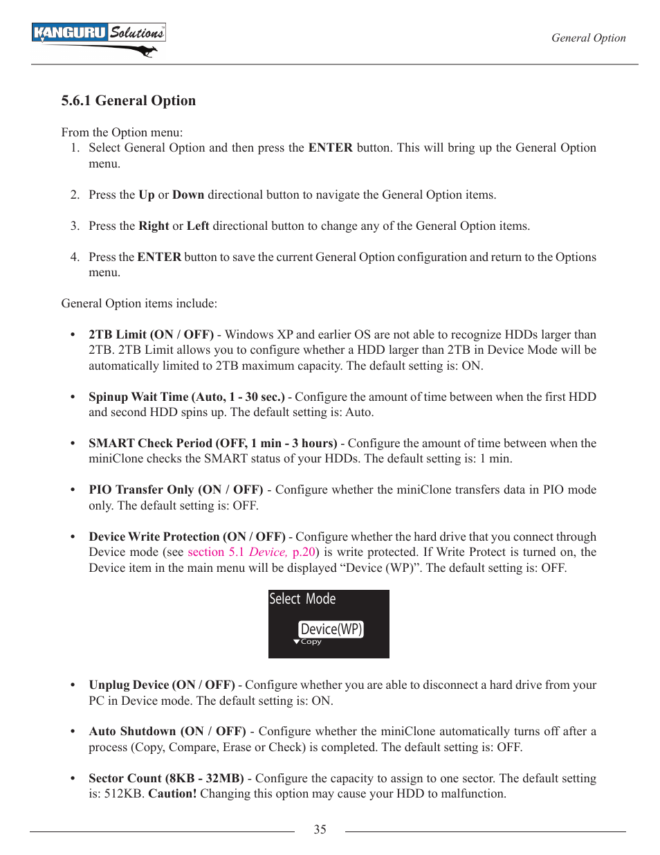 1 general option, Select mode device(wp) | Kanguru Mini Clone User Manual | Page 35 / 49