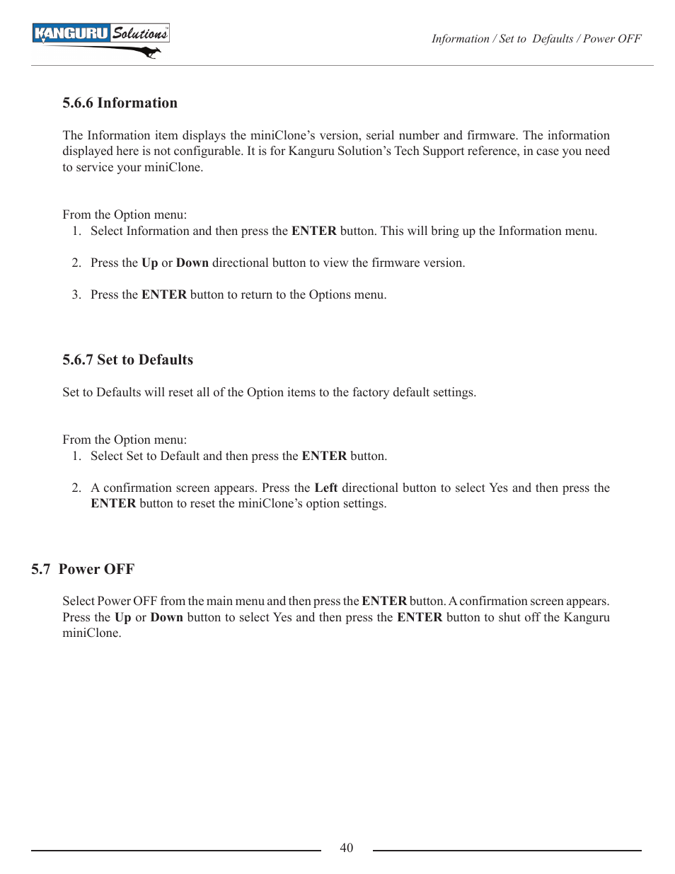 6 information, 7 set to defaults, 7 power off | Kanguru Mini Clone User Manual | Page 40 / 49