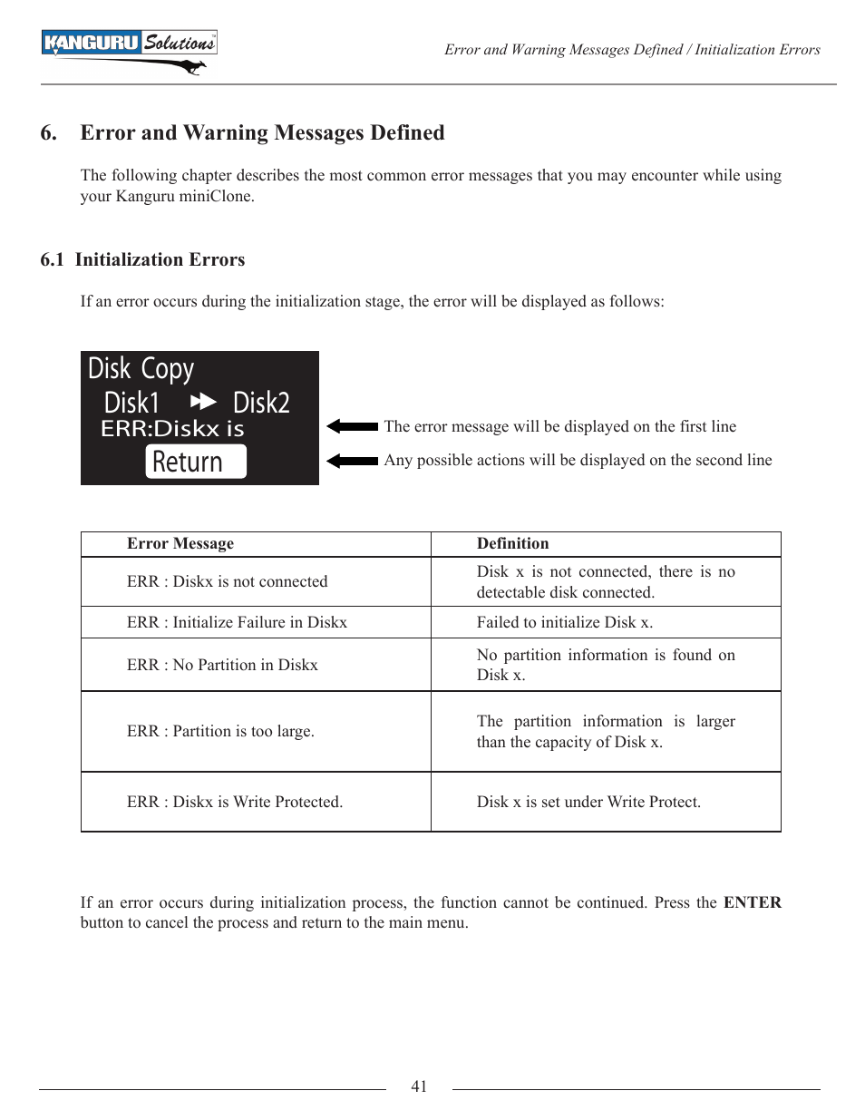 Error and warning messages defined, 1 initialization errors, Disk copy disk1 disk2 | Return, Err:diskx is | Kanguru Mini Clone User Manual | Page 41 / 49