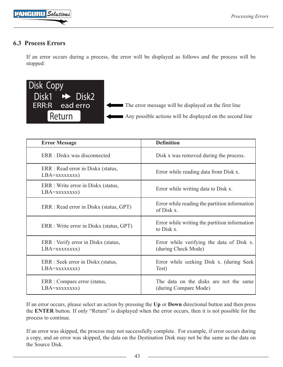 3 process errors, Disk copy disk1 disk2, Return | Err:read erro | Kanguru Mini Clone User Manual | Page 43 / 49