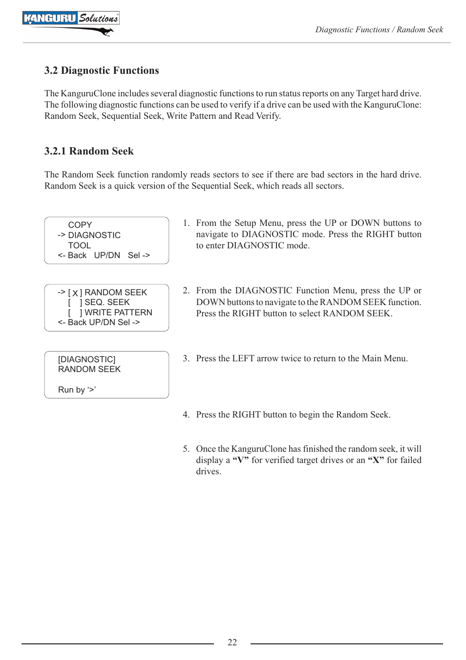 2 diagnostic functions, 1 random seek | Kanguru 4HD SATA User Manual | Page 22 / 57