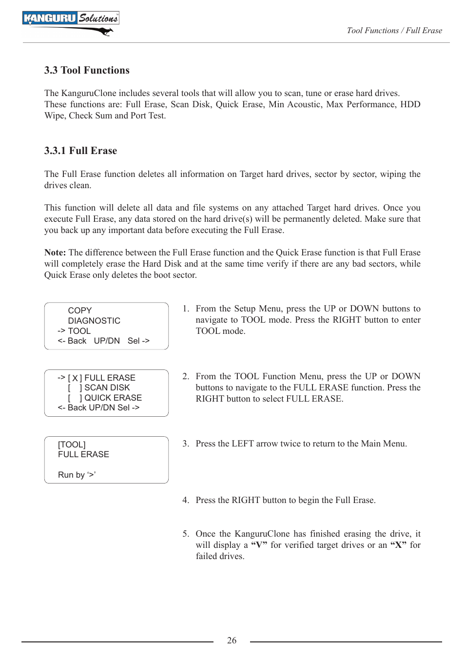 3 tool functions, 1 full erase | Kanguru 4HD SATA User Manual | Page 26 / 57