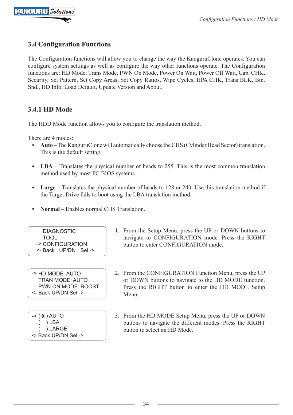 4 configuration functions, 1 hd mode | Kanguru 4HD SATA User Manual | Page 34 / 57