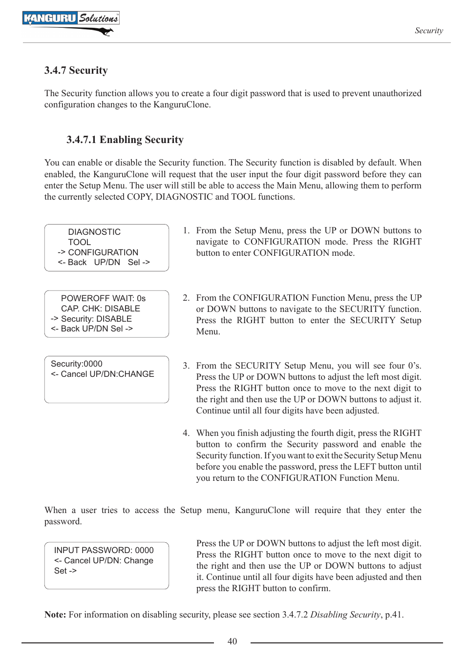 7 security, 1 enabling security | Kanguru 4HD SATA User Manual | Page 40 / 57