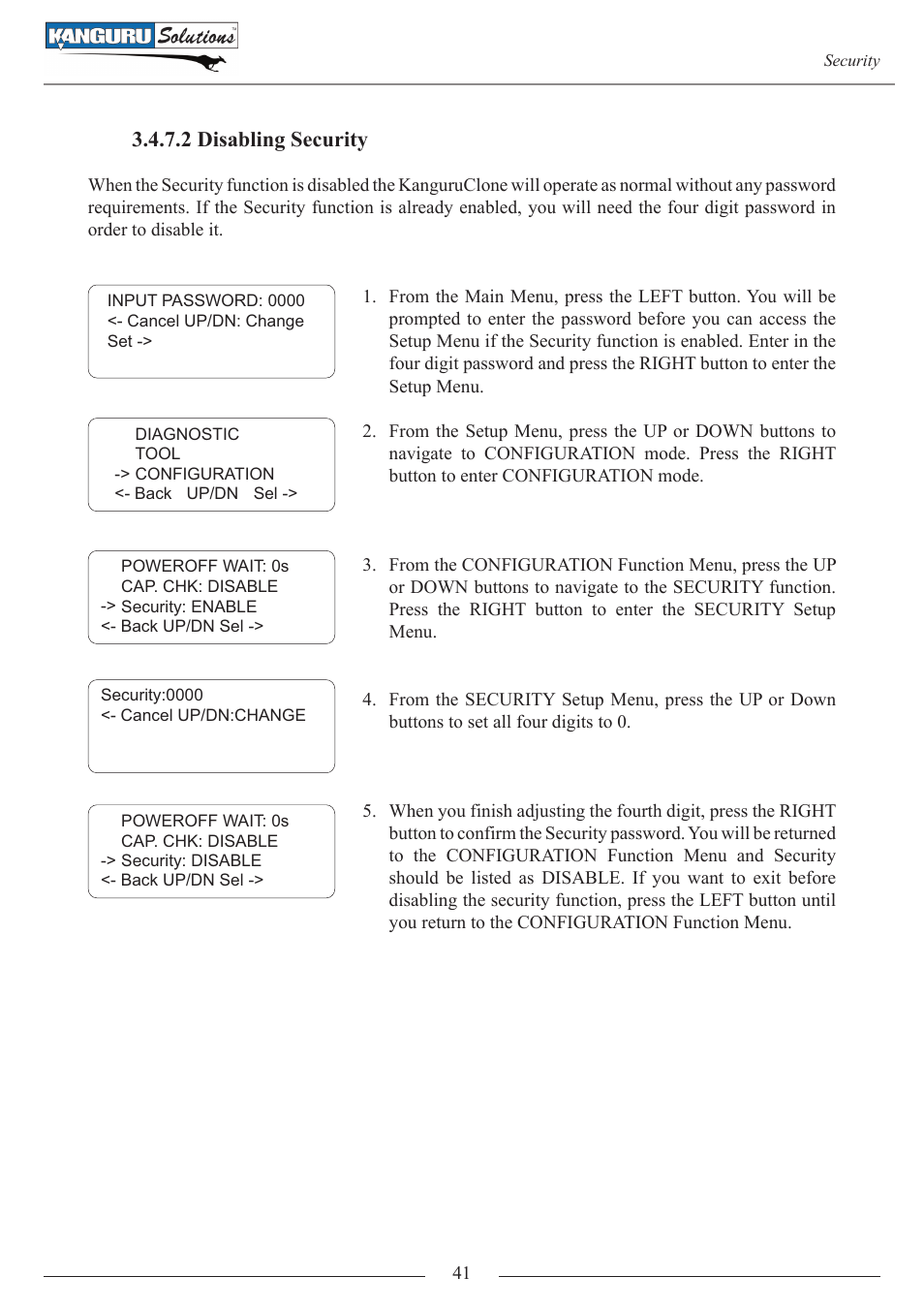 1 disabling security, 2 disabling security | Kanguru 4HD SATA User Manual | Page 41 / 57