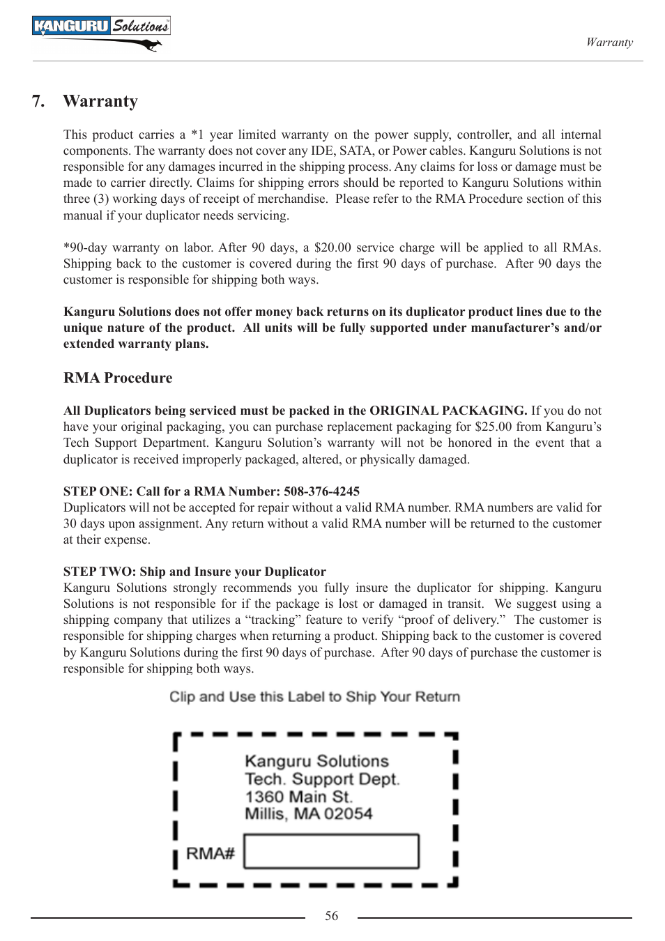 Warranty, Rma procedure | Kanguru 4HD SATA User Manual | Page 56 / 57