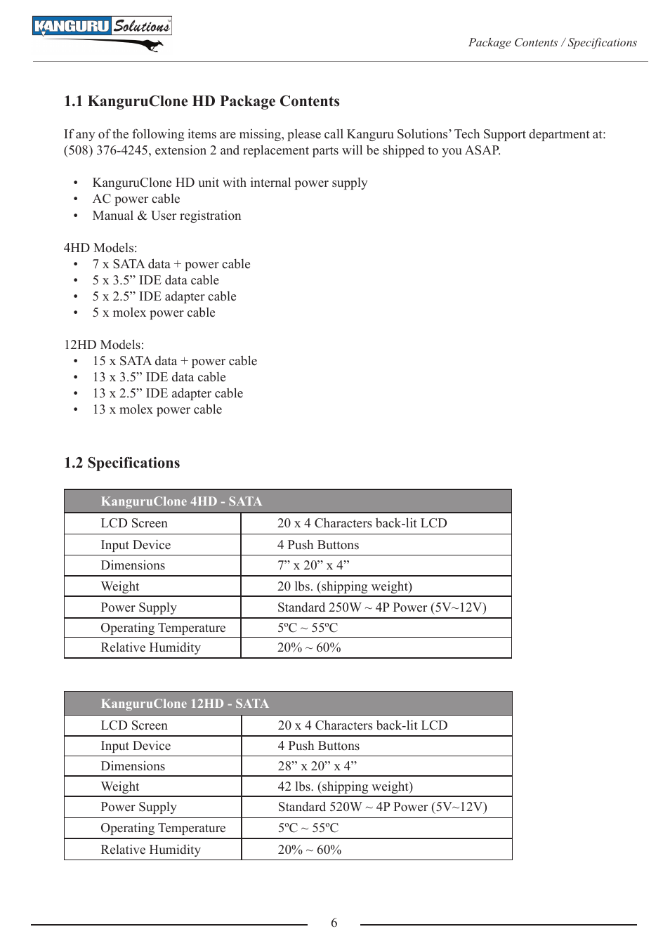 1 kanguruclone hd package contents, 2 specifications | Kanguru 4HD SATA User Manual | Page 6 / 57