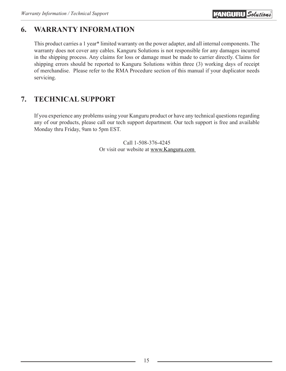 Warranty information, Technical support | Kanguru Copy Dock User Manual | Page 15 / 16