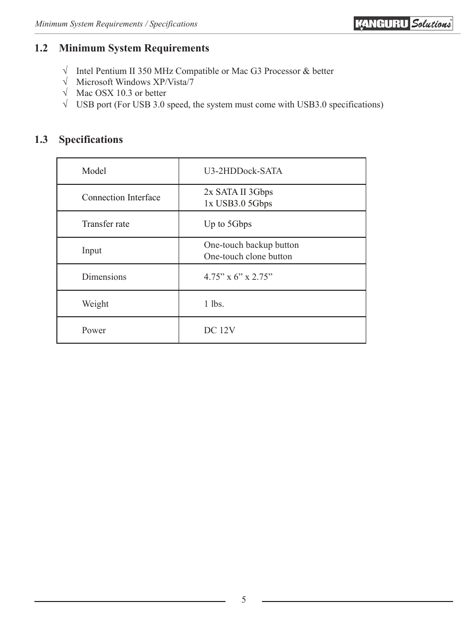 Minimum system requirements, Specifications | Kanguru Copy Dock User Manual | Page 5 / 16