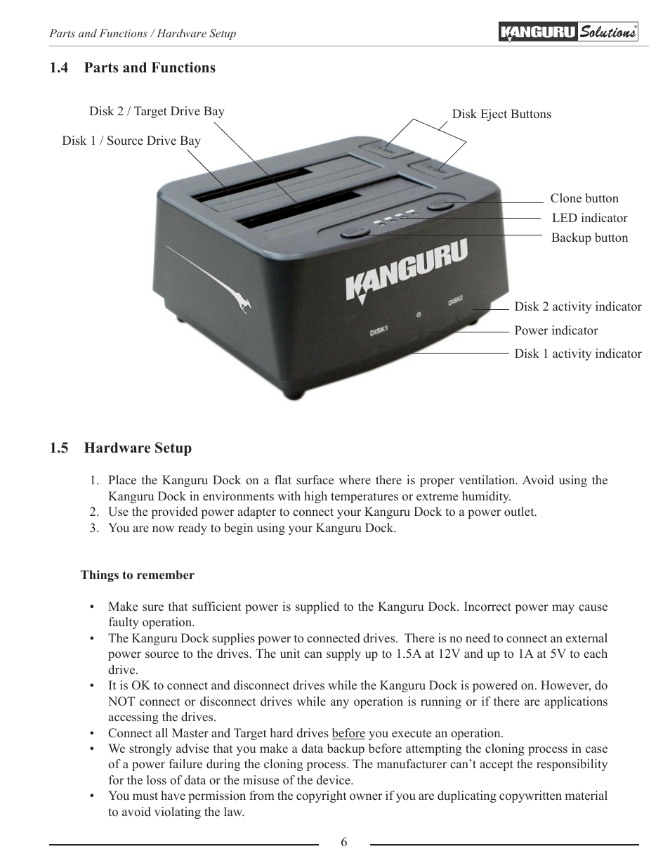 Parts and functions, Hardware setup | Kanguru Copy Dock User Manual | Page 6 / 16