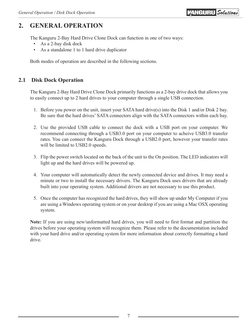 General operation, Disk dock operation | Kanguru Copy Dock User Manual | Page 7 / 16