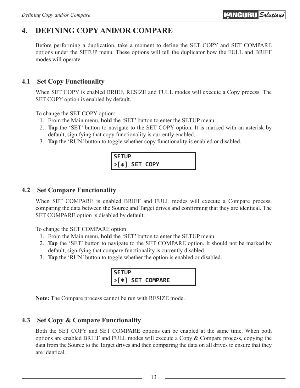 Defining copy and/or compare, Set copy functionality, Set compare functionality | Set copy & compare functionality | Kanguru Mobile Clone 1HD Duplicator User Manual | Page 13 / 34