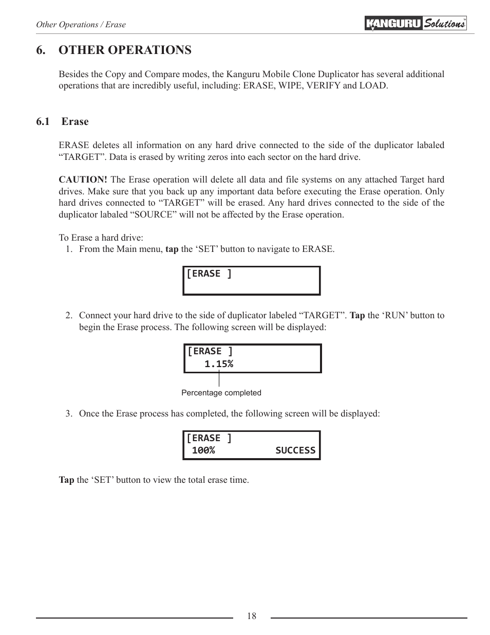 Other operations, Erase | Kanguru Mobile Clone 1HD Duplicator User Manual | Page 18 / 34