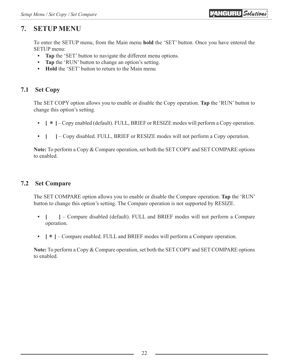 Setup menu, Set copy, Set compare | Kanguru Mobile Clone 1HD Duplicator User Manual | Page 22 / 34