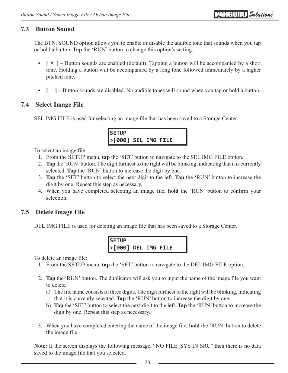 Button sound, Select image file, Delete image file | Kanguru Mobile Clone 1HD Duplicator User Manual | Page 23 / 34