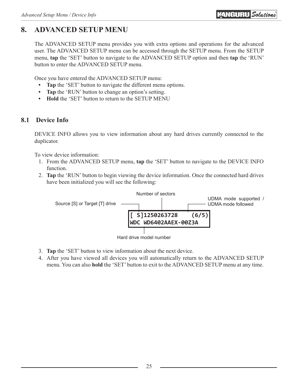Advanced setup menu, Device info | Kanguru Mobile Clone 1HD Duplicator User Manual | Page 25 / 34