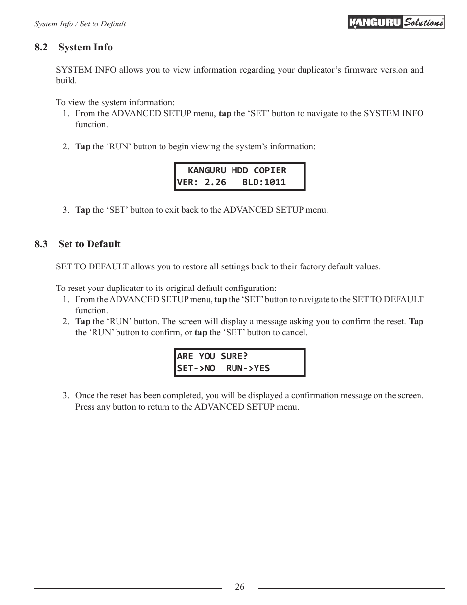 System info, Set to default | Kanguru Mobile Clone 1HD Duplicator User Manual | Page 26 / 34
