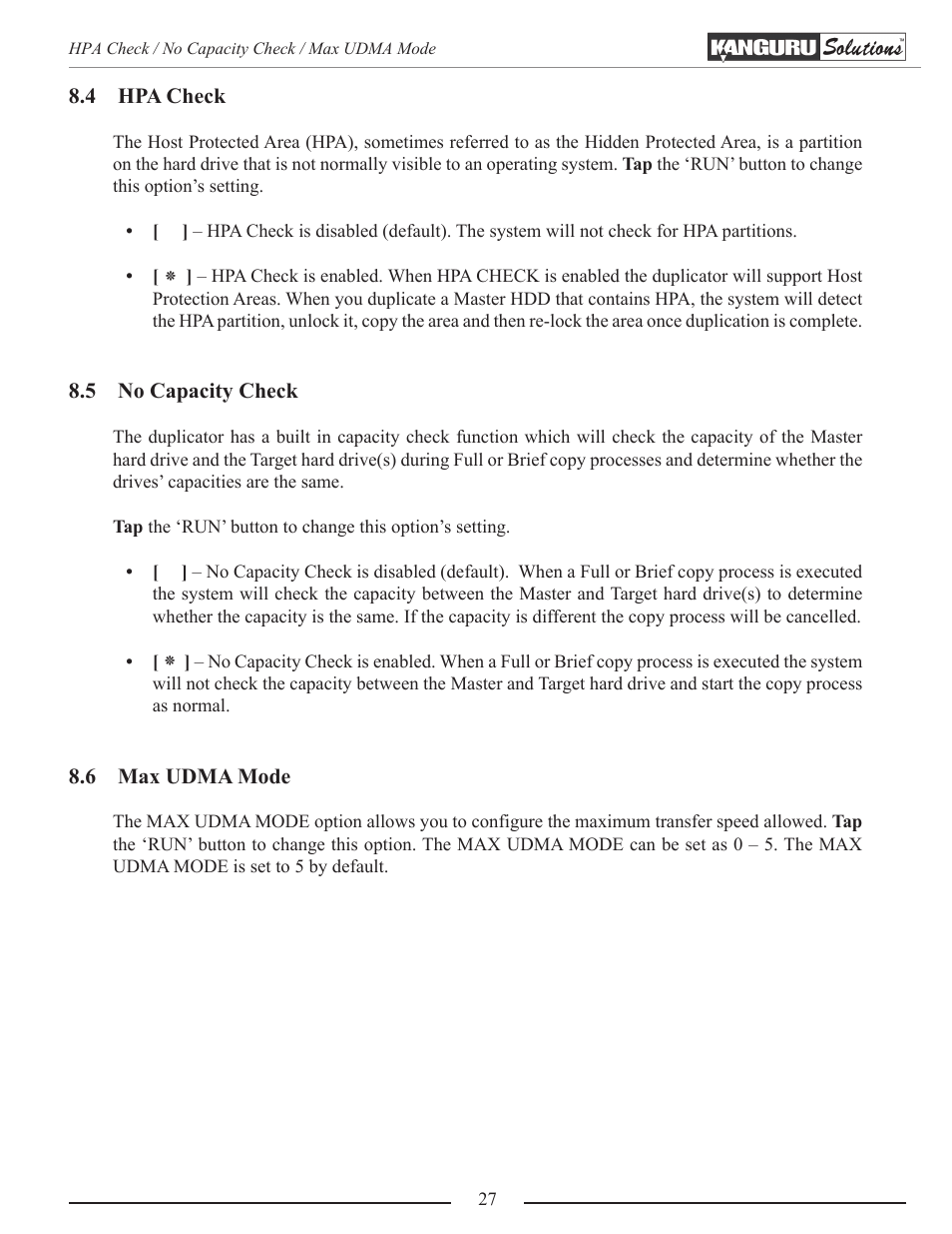 Hpa check, No capacity check, Max udma mode | Kanguru Mobile Clone 1HD Duplicator User Manual | Page 27 / 34